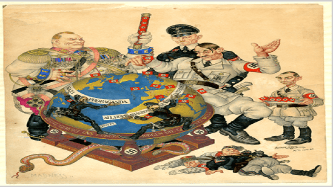A political cartoon with a group of people on a globe.
