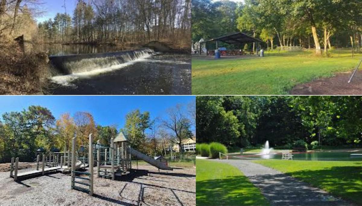 A collage of pictures of a park with a waterfall and a playground.