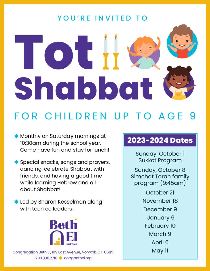 A poster with the dates for tot shabbat.
